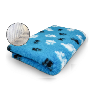Original VetBed 150x100cm, DryBed Premium, rutschfest hellblau mit weissen und schwarzen Pfoten