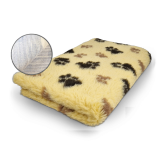 Original VetBed 150x100cm, DryBed Premium, rutschfest beige mit schwarzen und braunen Pfotenen Pfoten